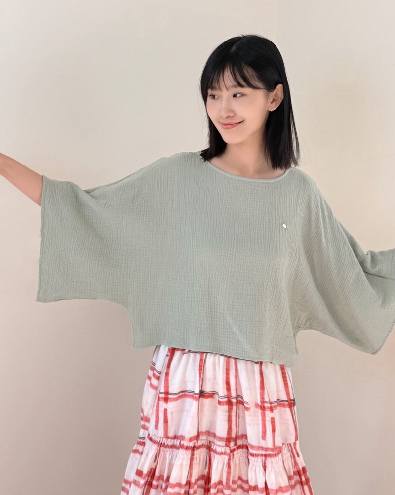 witharch棉紗連袖上衣-綠 - 女上衣/長袖上衣 - 棉．麻 綠色