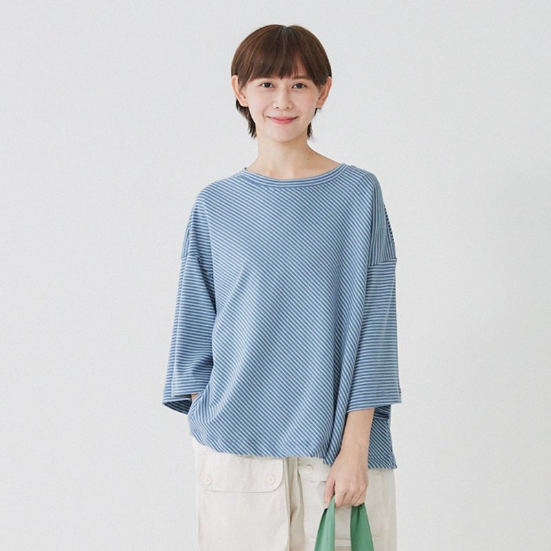 【Simply Yours】斜條紋重磅T 藍F - 女上衣/長袖上衣 - 棉．麻 藍色