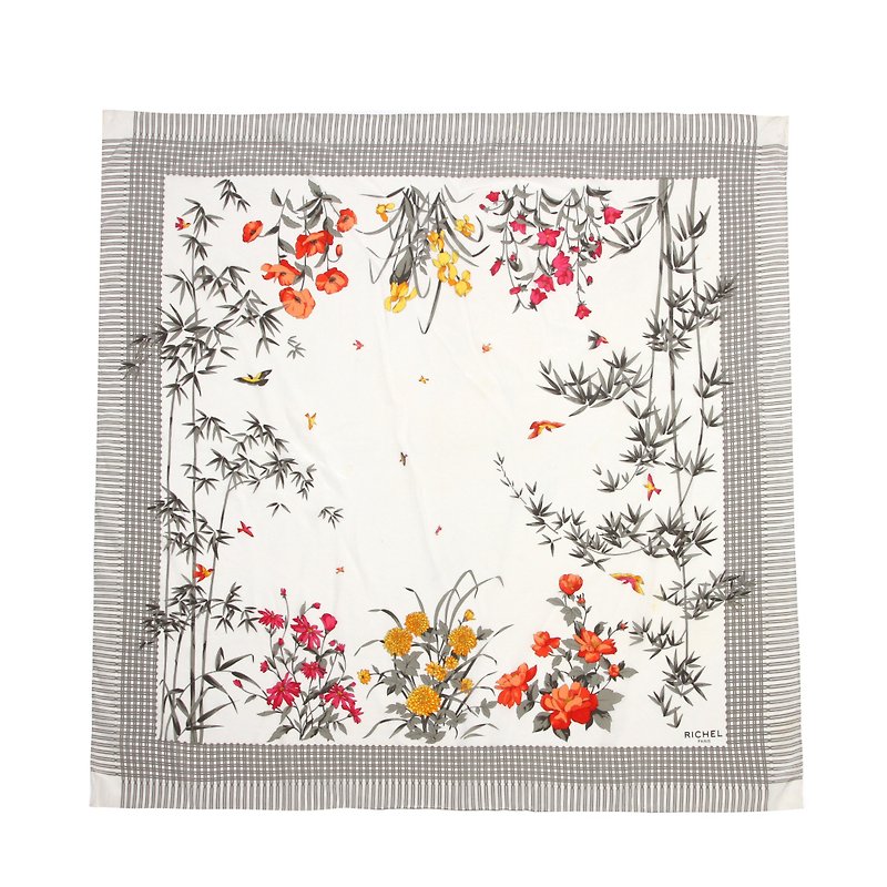 Ancient】 【egg plant bamboo flowers and birds printed vintage silk scarves - ผ้าพันคอ - ผ้าไหม ขาว