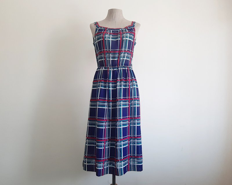 Medium Vintage Green Blue Plaid Dress Womens Tartan Midi Dress Strap Dress M - 洋裝/連身裙 - 其他材質 藍色