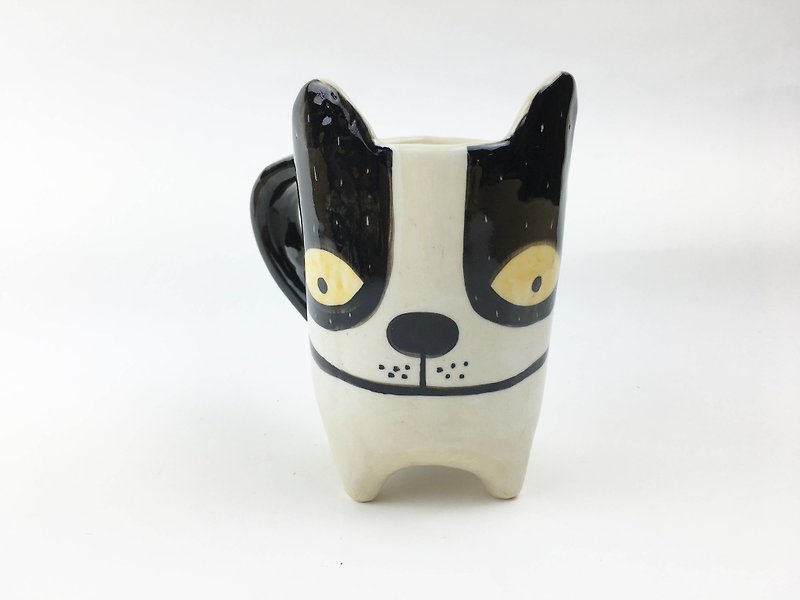 Nice Little Clay hand ear cup _ flat mouth white cat 112558 - Mugs - Pottery White