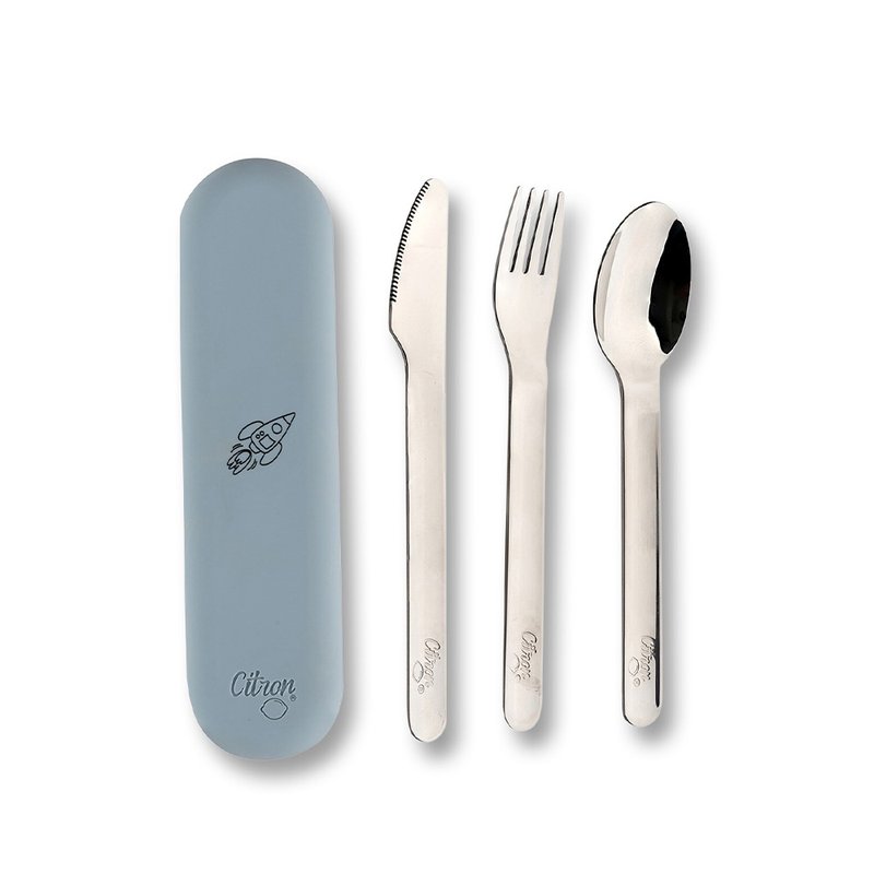 Fast Shipping [Citron] Children's Tableware Three-Piece Set (Including Storage Bag)_ Misty Blue - Children's Tablewear - Stainless Steel 