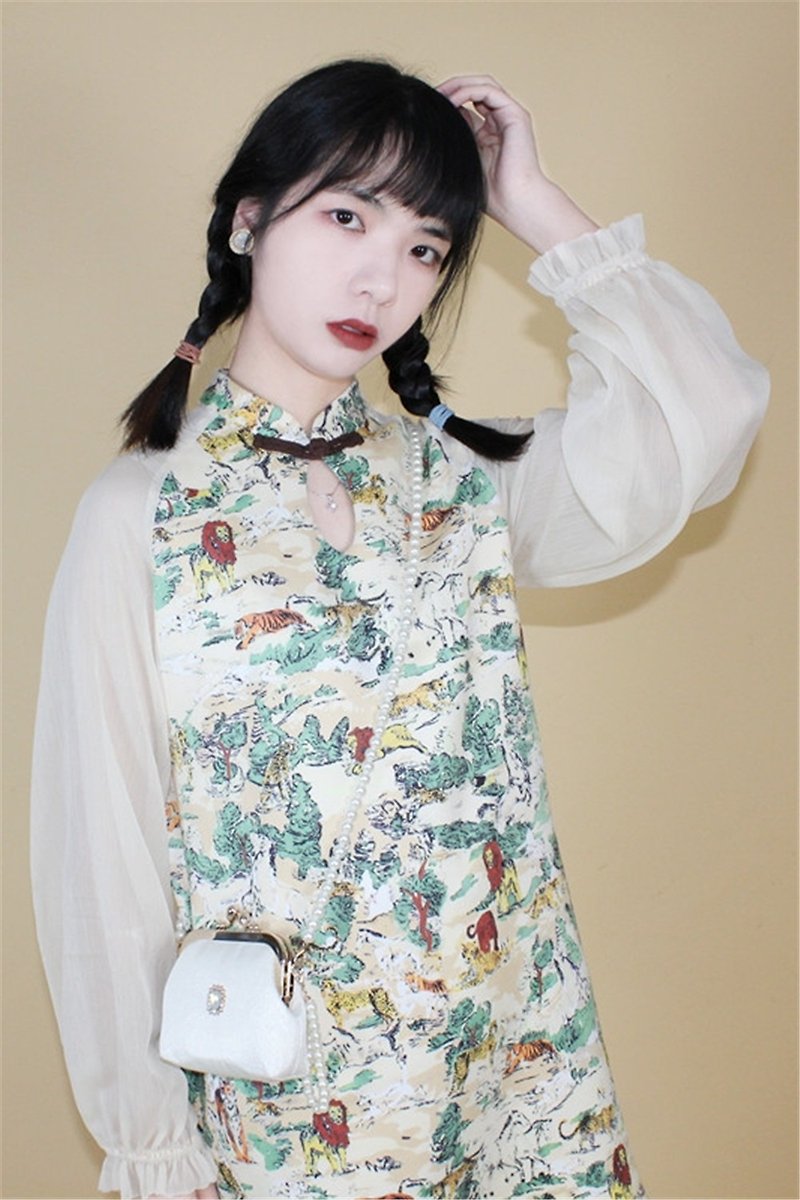 White stitching spring zoo tiger print cheongsam new Chinese girlish style improved dress one-piece dress