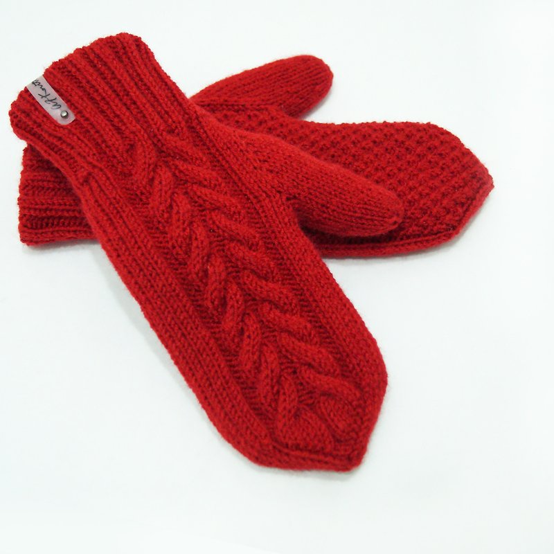 Knitted wool double layer red Mittens - ถุงมือ - ขนแกะ สีแดง