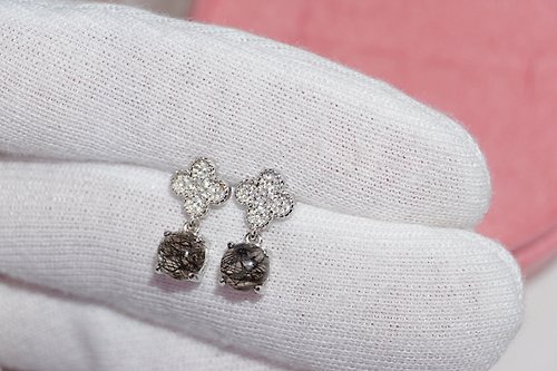 roseandmarry Natural Black Rutilated Quartz SterlingSilver 925 Drop Earrings, Flower earrings