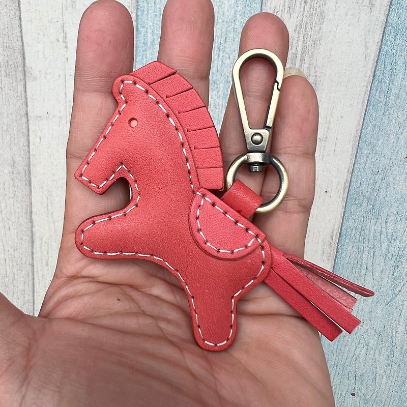 Healing little thing red cute pony hand-stitched leather keychain small size - Keychains - Genuine Leather Red