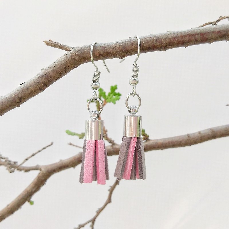 Grey and pink two-color Korean velvet hand-made tassel earrings can be changed to Clip-On - Earrings & Clip-ons - Polyester Pink