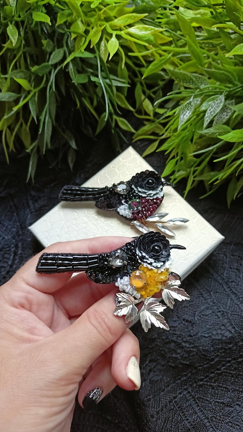 Brooch-pin handmade yellow bird, jewelry made of beads and crystals, brooch pin