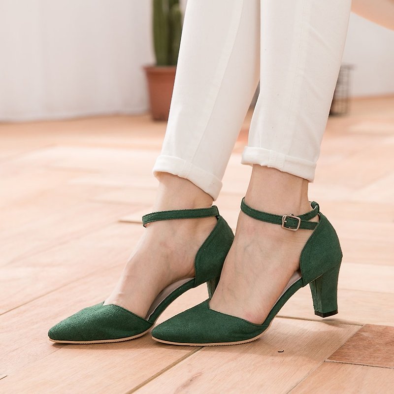 Maffeo 高跟鞋 尖頭鞋 深V尖頭繞踝繫帶美國進口麂皮高跟鞋 靜音天皮(832典雅墨綠) - 高踭鞋 - 真皮 綠色