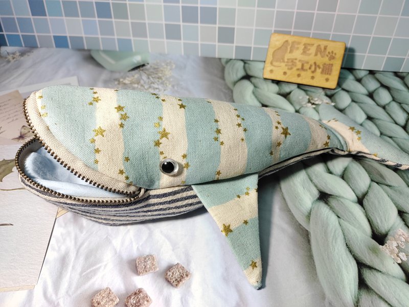 Marine life bag series-handmade ocean style stripes bronzing star whale pen case-whale pen case - Pencil Cases - Cotton & Hemp 
