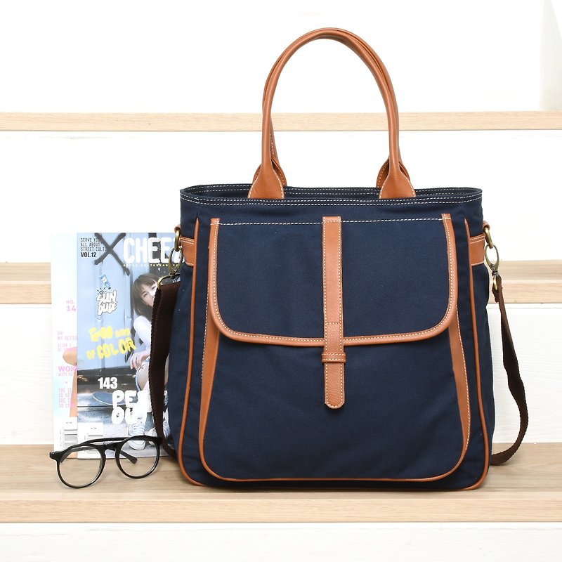Common Tote&Shoulder bag - navy blue - 手袋/手提袋 - 棉．麻 藍色