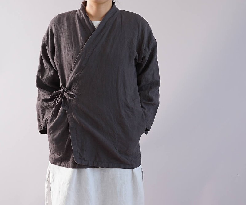wafu  linen outerwear / long sleeve / oversize / unisex / charcoal  b37-1 - Women's Casual & Functional Jackets - Cotton & Hemp Khaki
