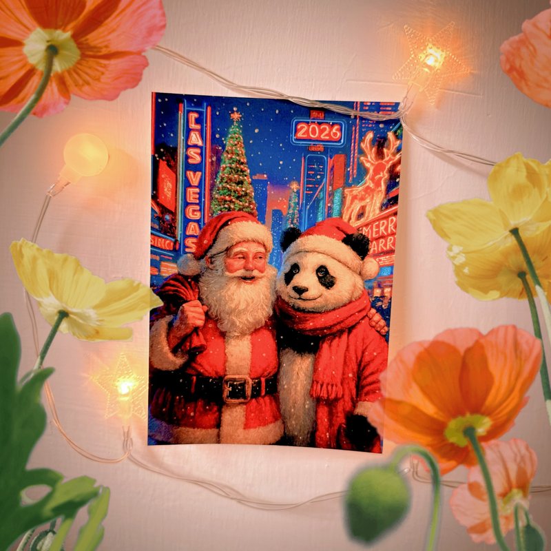 Daily Christmas Las Vegas 温かい油絵風サンタクロース＆パンダ - はがき・メッセージカード - 紙 多色