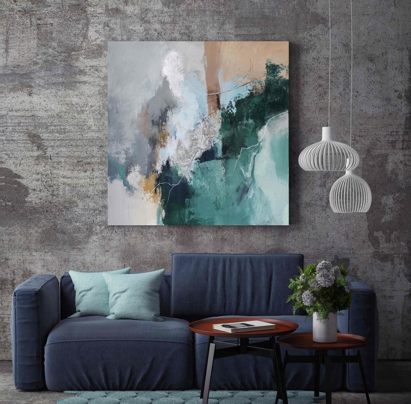 Green Silver Painting |  Green Silver Abstract | Green Silver Wall Art | Coast - 壁貼/牆壁裝飾 - 棉．麻 綠色