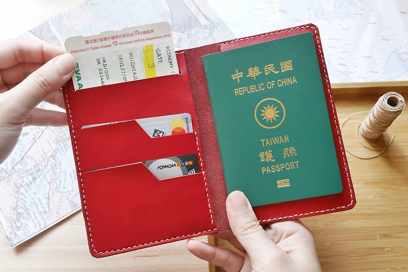 護照套 義大利牛皮手作 酒紅色 多色可選 免費刻字與包裝 - 護照夾/護照套 - 真皮 紅色