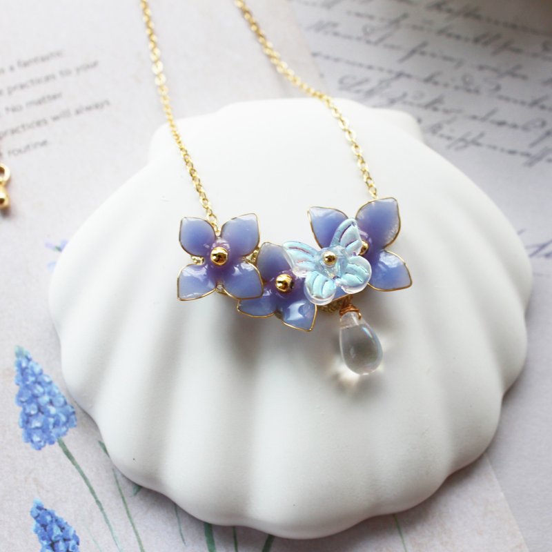 [Hydrangea Necklace] Blue Purple Hydrangea Necklace 14kgf Resin 14K Gold - สร้อยคอ - เรซิน 