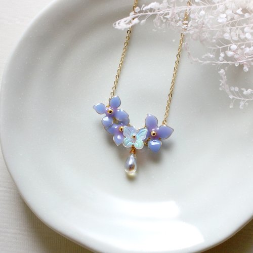 【紫陽花 ネックレス】ブルー紫紫陽花 ネックレス 14kgf レジン 14K