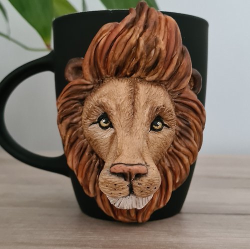 Jeca ClayArt Handmade Lion on a Black Coffee Mug Decorated by Polymer Clay