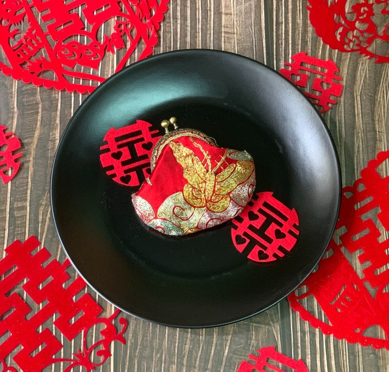 蝶戀花 - 二手裙褂迷你口金包 - 錢包/皮夾/長短夾 - 棉．麻 紅色