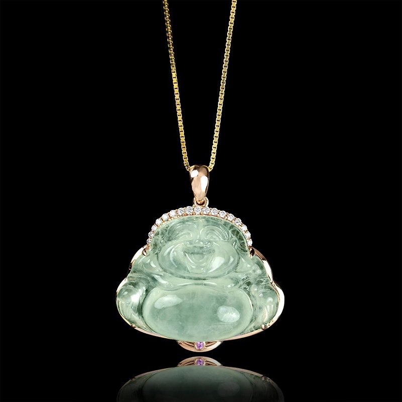 Jadeite Top Grade Big Belly Buddha Pendant Transparent Light Green Pendant 18K - Necklaces - Jade Green