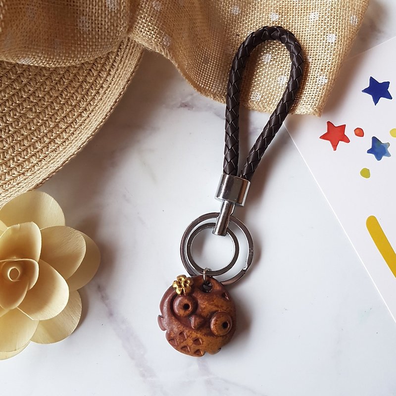 Flower eagle charm│Yoshino eagle x owl key ring ceramic necklace healing cute - Keychains - Pottery Brown