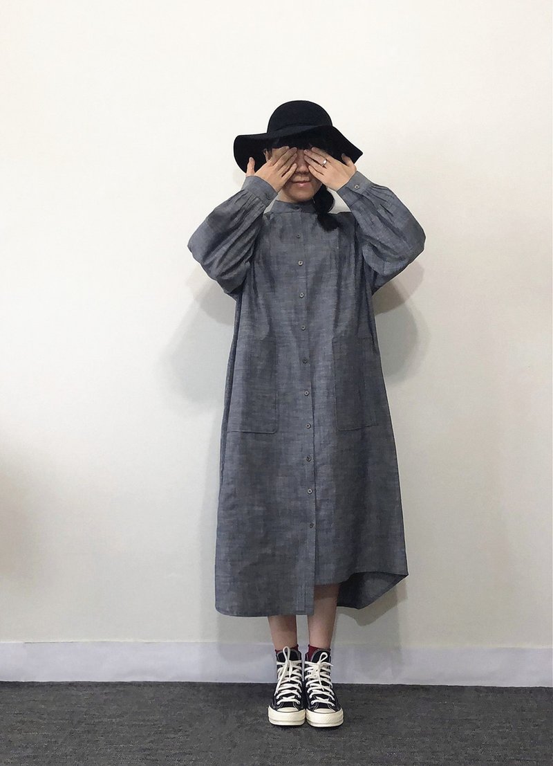 123木頭人 灰藍 洋裝 - 洋裝/連身裙 - 棉．麻 藍色