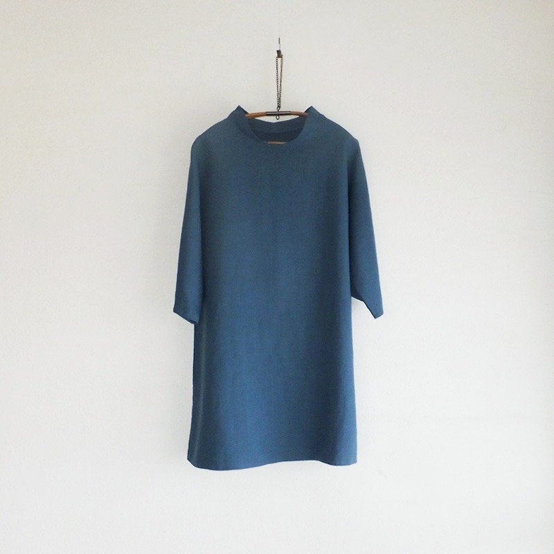 French linen Tunic dress　Saxe Blue - ชุดเดรส - ผ้าฝ้าย/ผ้าลินิน สีน้ำเงิน
