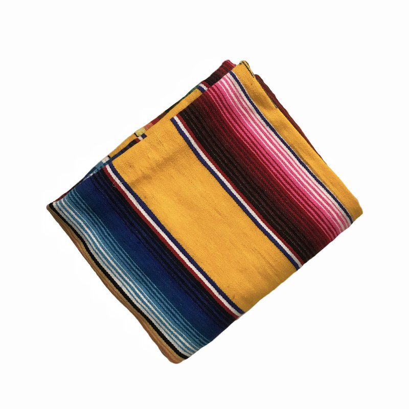 Vintage Mexico Serapes Mexican handmade rainbow striped blanket on yellow background - Rugs & Floor Mats - Other Materials Multicolor