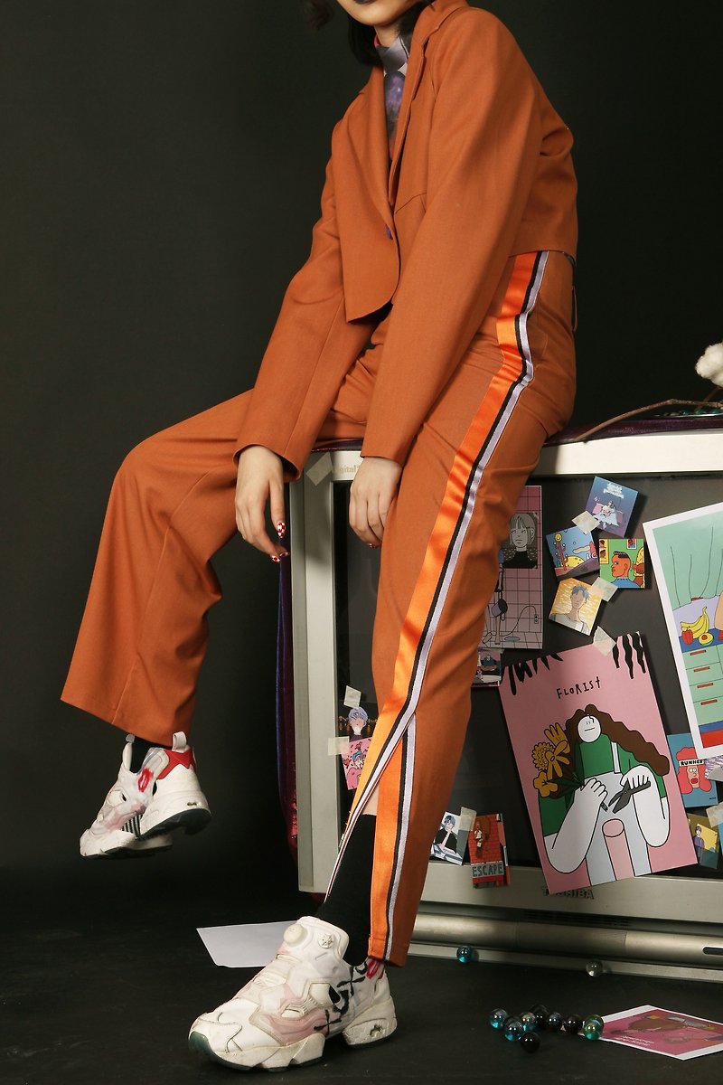 Earth orange high waist straight slimming high long pants casual pants - กางเกงขายาว - ผ้าฝ้าย/ผ้าลินิน สีส้ม