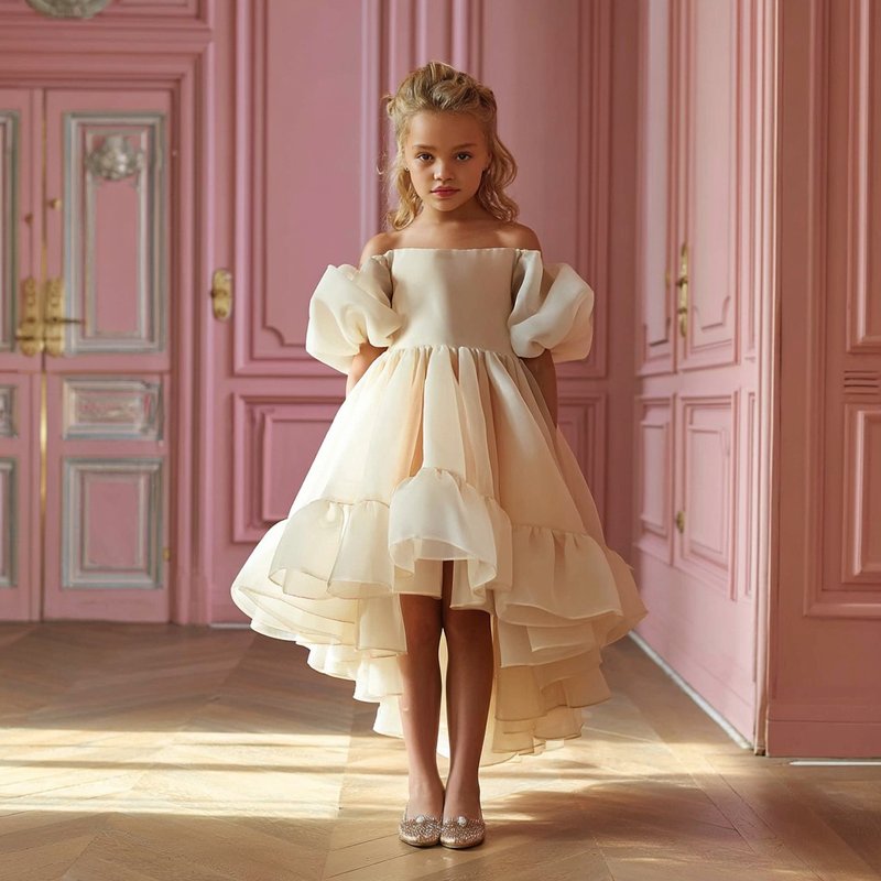 Champagne chiffon girls dress with puff sleeves and cascading ruffle skirt - 男/女童禮服 - 其他材質 多色