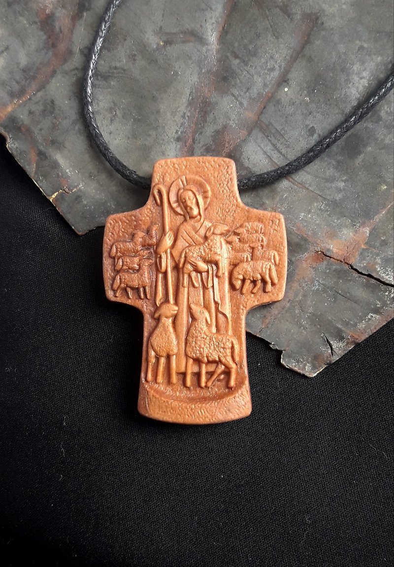 Ortodox pearwood cross Kind shepherd   cross wooden cross - Necklaces - Wood Brown