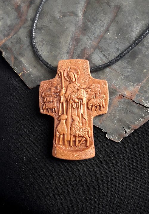 Amberwood39 Ortodox pearwood cross Kind shepherd cross wooden cross