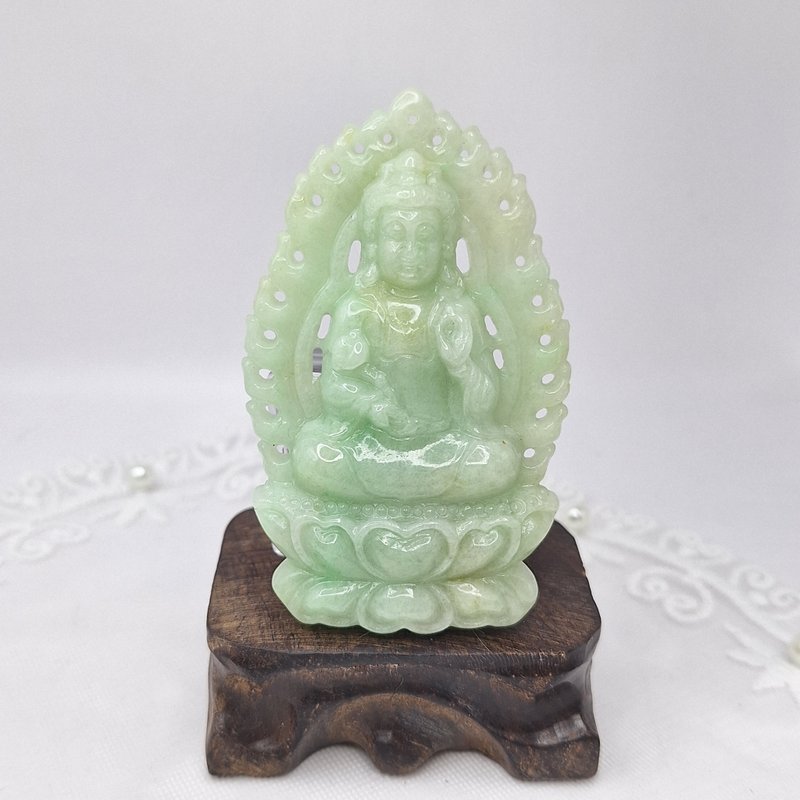 Rich fruit green and warm carved Guanyin statue | Natural Burmese jade A grade jade - Necklaces - Jade 