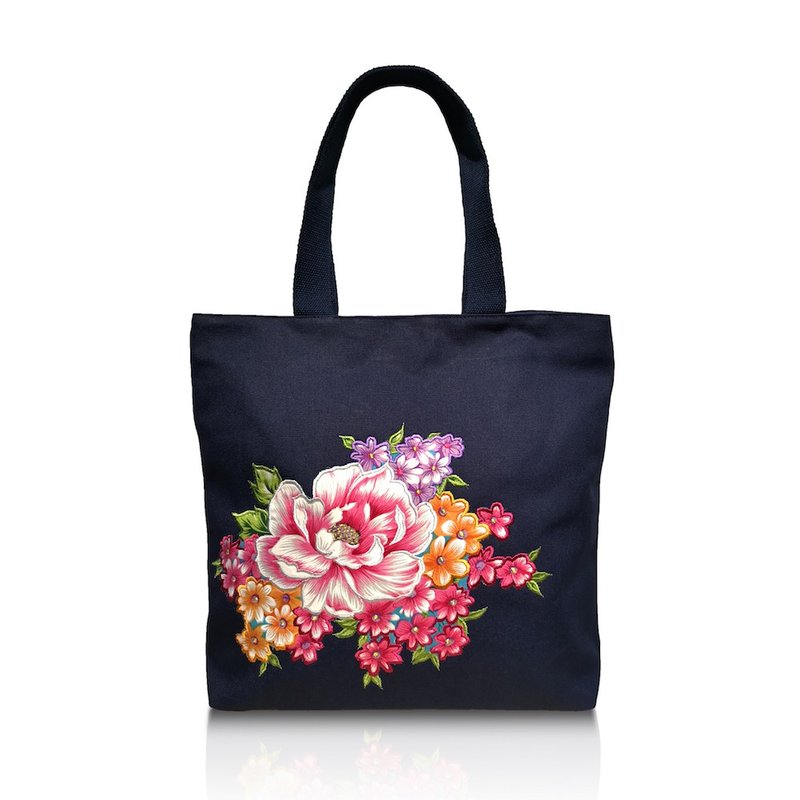 【Mr. Floral Cloth】Embroidered Shoulder Bag (Dark Blue) - Handbags & Totes - Cotton & Hemp Blue