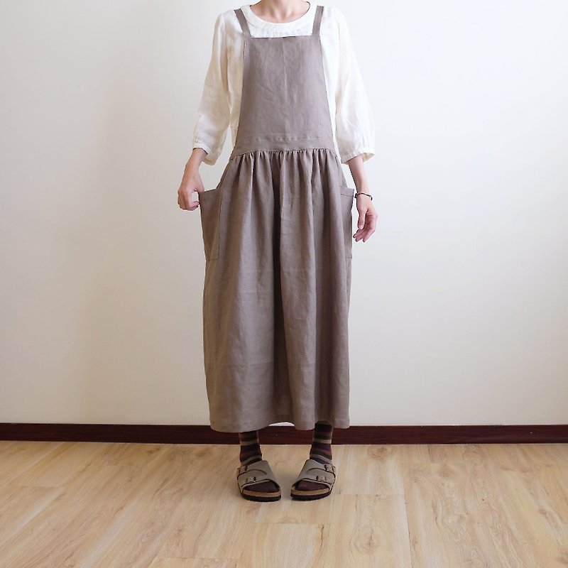 Everyday hand-made clothes live in the heart of a little girl Mocha cocoa tie work apron linen - One Piece Dresses - Cotton & Hemp Khaki