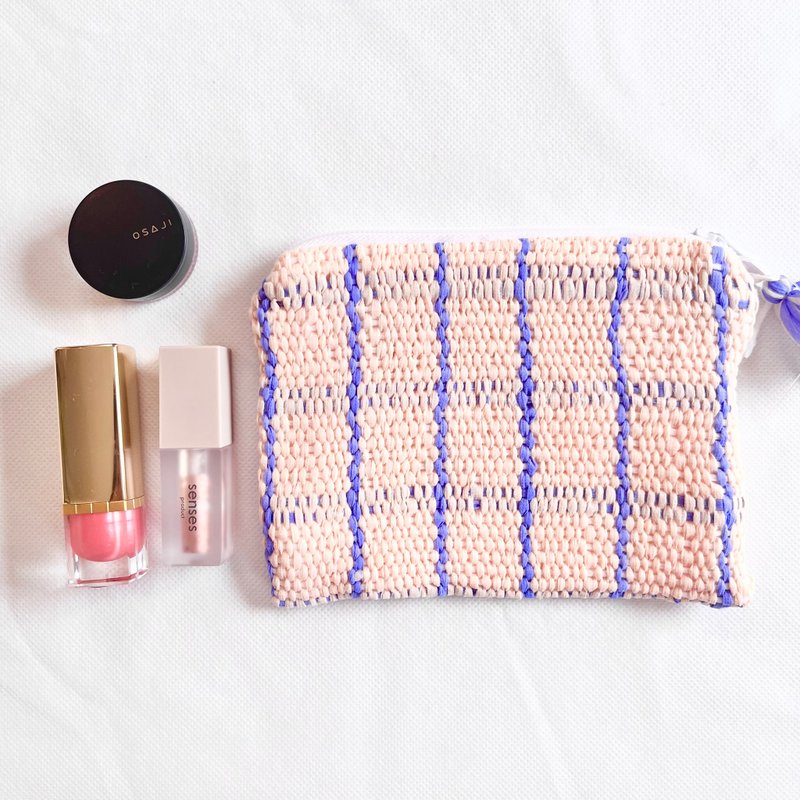 Hand-woven fabric flat pouch/pink and blue check - Toiletry Bags & Pouches - Polyester Pink