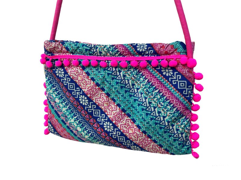 Vintage NARAYA colorful AZTEC pattern Crossbody bag / shoulder bag with pom pom - 側背包/斜背包 - 棉．麻 多色