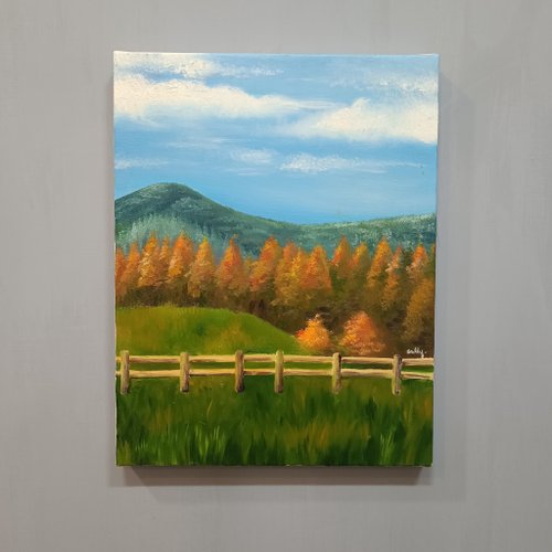 Sally Chao 秋日草原-油畫作品 展示品 教案樣本 換季出清 風景油畫