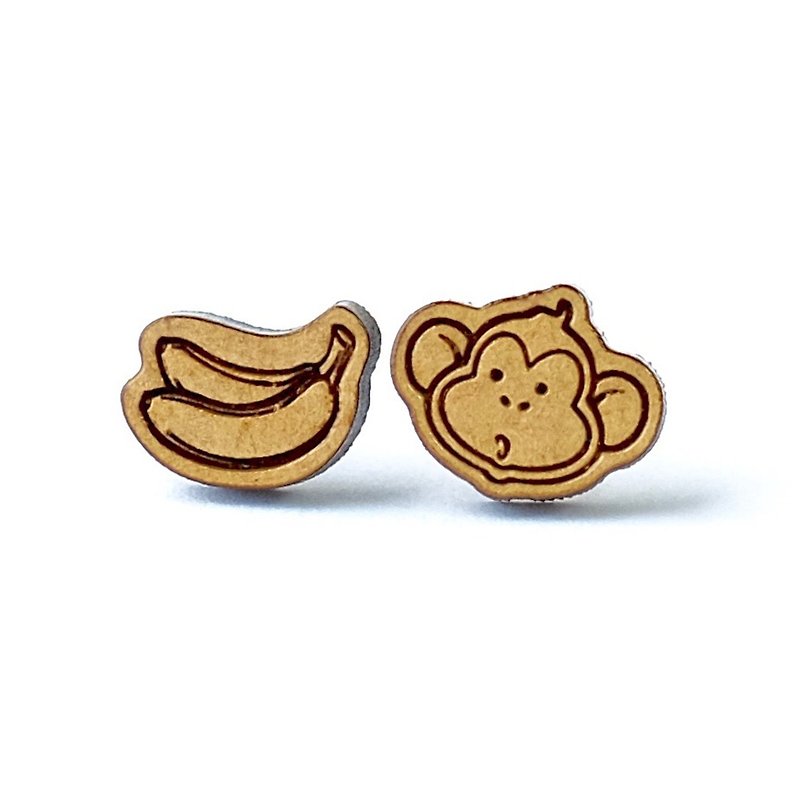 素色木耳環-小猴子&香蕉 - 耳環/耳夾 - 木頭 咖啡色
