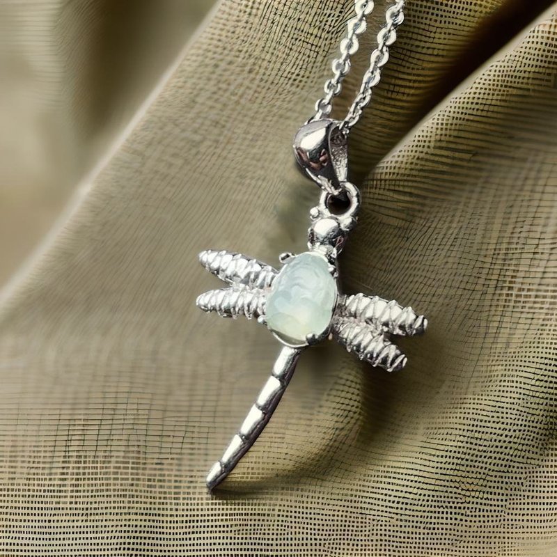 【招財神獸】冰種貔貅925銀蜻蜓項鍊 | 天然緬甸翡翠A貨 | 送禮 - 吊飾/掛飾 - 玉石 白色