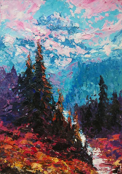 Diven.art Original Impasto Oil Painting Landscape Blue Mountains Impressionism 8x6 inches