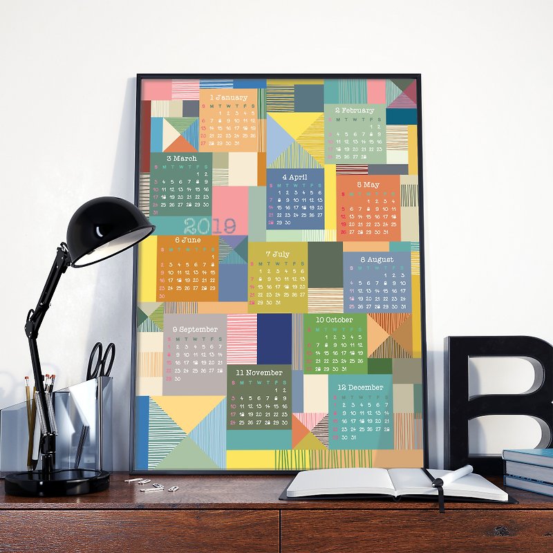 2019 Patch work Theme Calendar Poster Print, Wall Calendar, Holiday gift - Calendars - Paper Multicolor