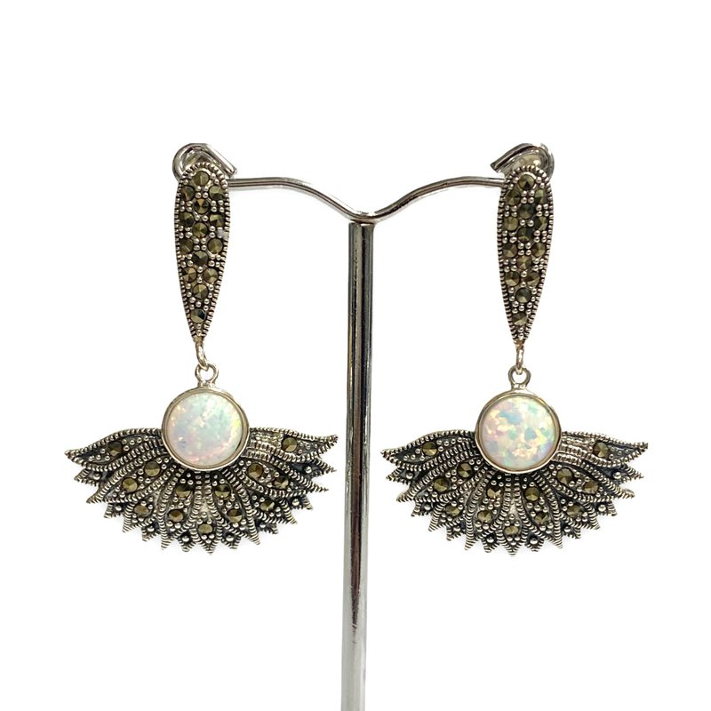 Art Deco Style Gilson Opal with Marcasite Stone Fan Earrings 925 Sterling Silver - 耳環/耳夾/耳骨夾 - 純銀 銀色
