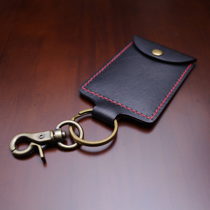 黑色植鞣革手縫卡片夾/鑰匙圈 - 鑰匙圈/鑰匙包 - 真皮 黑色