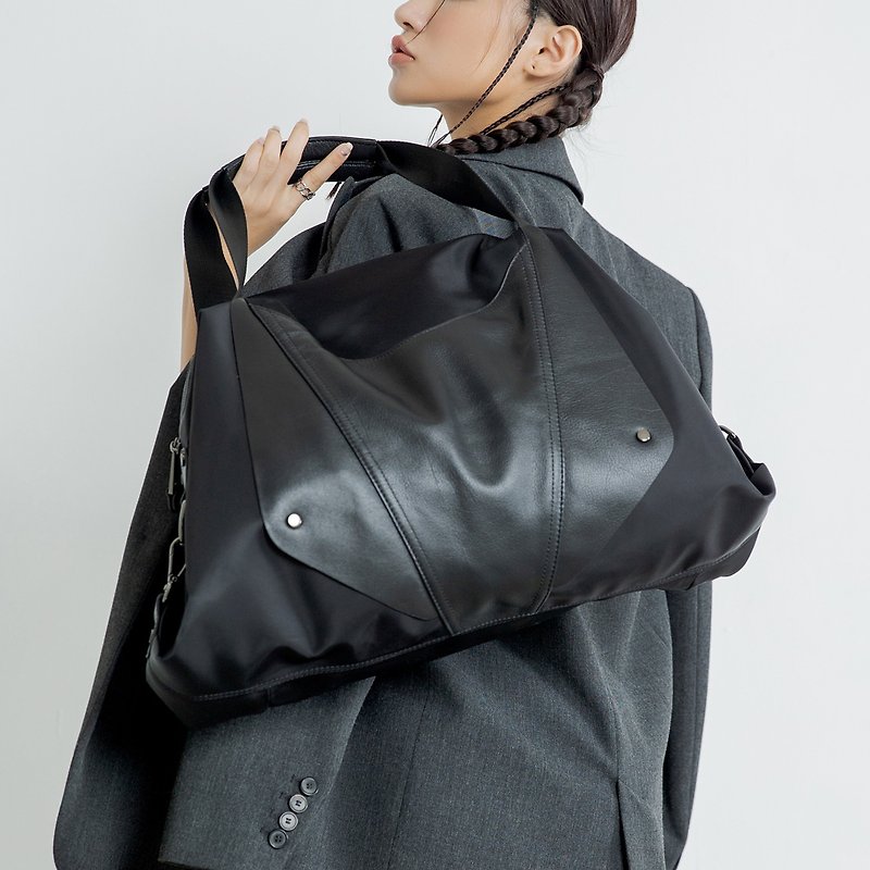 Geometric Pattern Leather Travel Bag - Black - Handbags & Totes - Genuine Leather Black