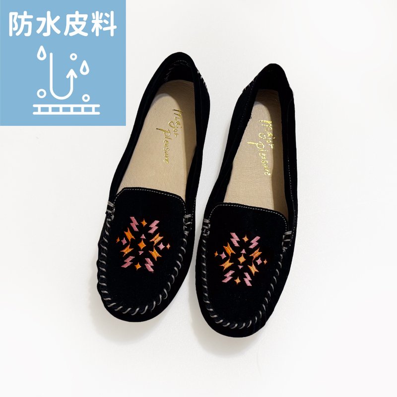 防水皮革! 閃電星芒刺繡圖騰手工莫卡辛 黑 全真皮 MIT-黛珊瑚 - 其他女皮鞋 - 真皮 黑色