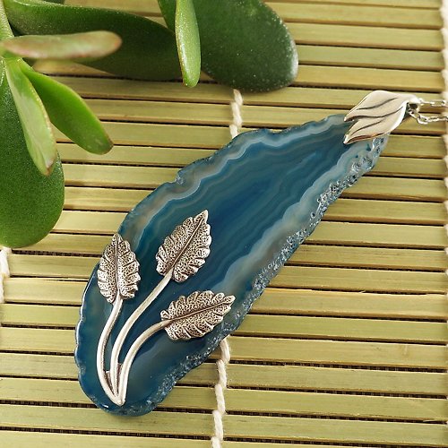 AGATIX Green Blue Teal Agate Slice Slab Silver Leaf Pendant Necklace Woman Jewelry Gift