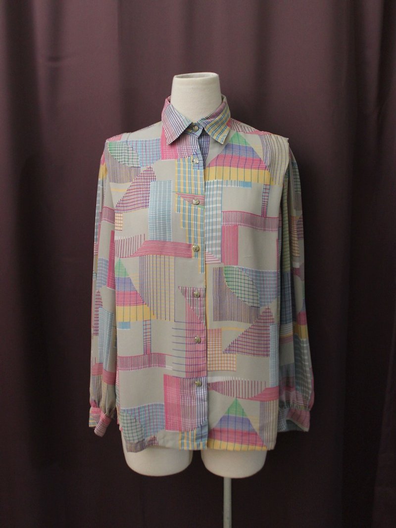 Vintage Japanese made pop style gray geometric plaid plaid loose long sleeve vintage shirt - Women's Shirts - Polyester Gray