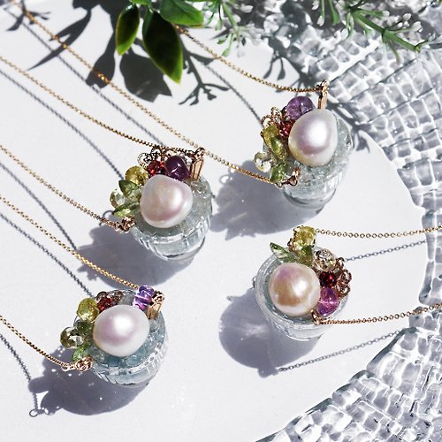 lipattijewelry 宝石のサンデー・アクアマリン、真珠、ガーネット_45cmネックレス Jewel Sundae