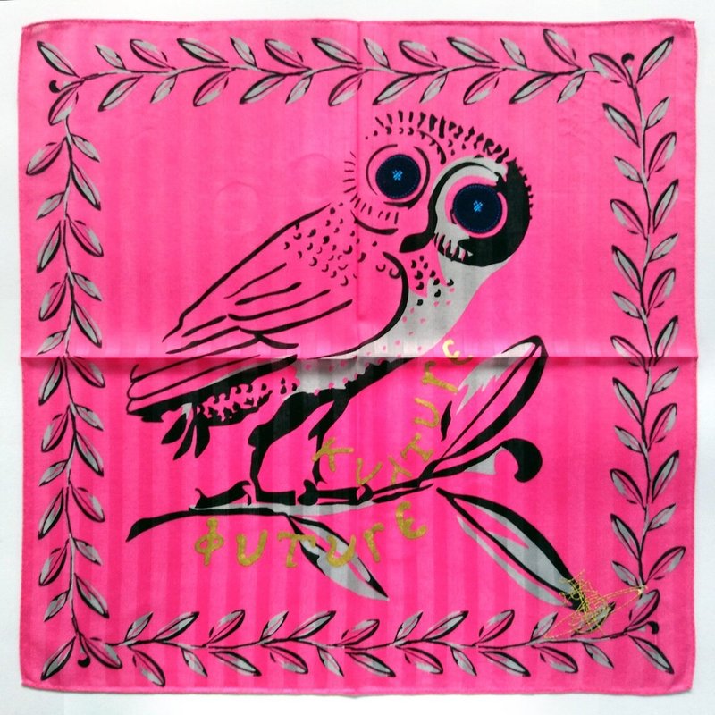 Vivienne Westwood Vintage Handkerchief Big Owl on Pink 20 x 19.5 inches - ผ้าเช็ดหน้า - ผ้าฝ้าย/ผ้าลินิน สึชมพู